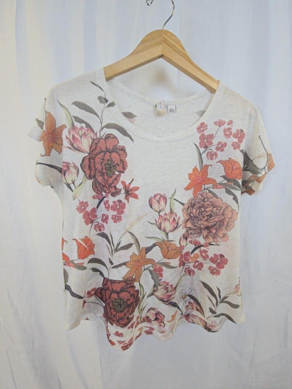 Misia Shirt Womens Large Multicolor Floral Soft Scoop Neck Short Sleeve Tee Top